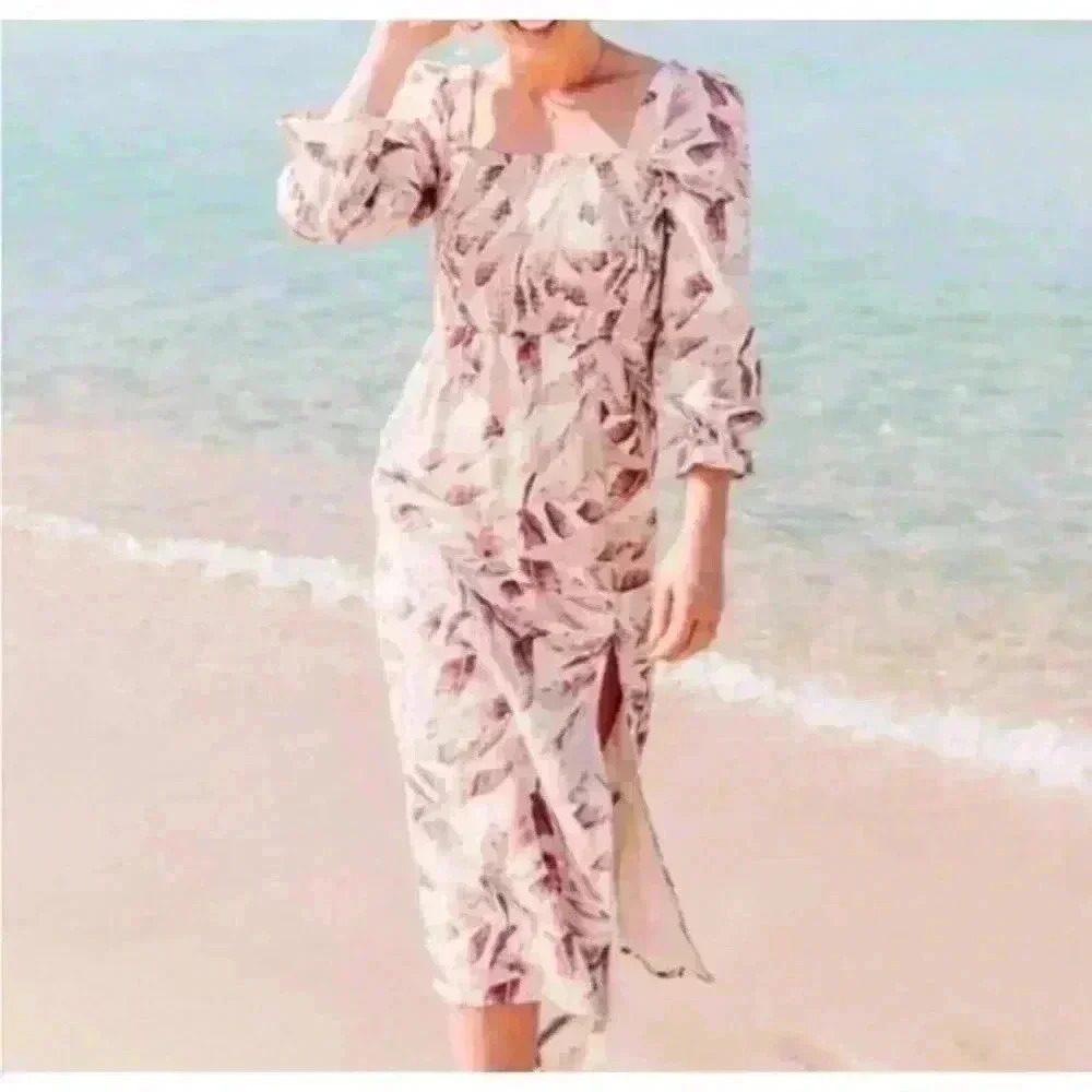 House of Harlow 1960 Linen Blend Palm Leaf Midi Dress Small Smocked NEW 1315